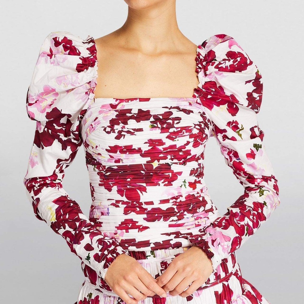 Aje Marlene Ruched Cotton Puff Sleeve Top Size 16 Floral Cropped Square Neck NEW